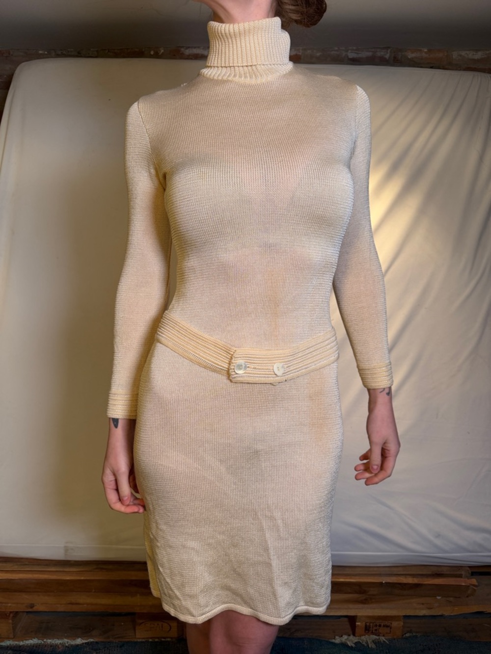 Fendi Cream Ribbed Turtleneck Knit Dress